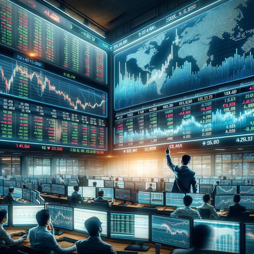 DALL·E 2024-05-20 23.18.47 - A stock market trading floor with digital screens showing stock prices, charts, and graphs. Traders are actively engaging in trading activities