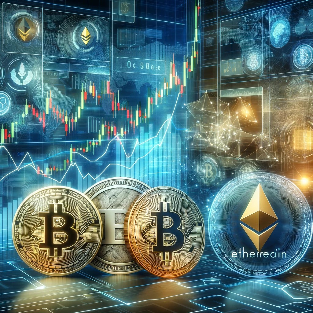 DALL·E 2024-05-20 23.18.48 - A digital representation of cryptocurrency trading with various coins like Bitcoin and Ethereum, charts showing price fluctuations, and a modern high-