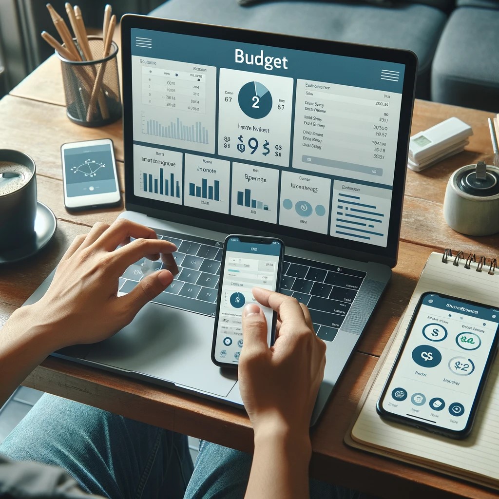 DALL·E 2024-05-20 23.26.28 - A person sitting at a desk with a laptop and smartphone, using a financial management app to create a budget. There are charts and graphs on the lapto