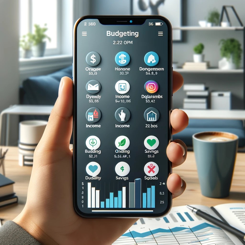DALL·E 2024-05-20 23.26.30 - A close-up of a smartphone screen displaying a budgeting app with categorized expenses, income, and savings goals. The background shows a modern, orga