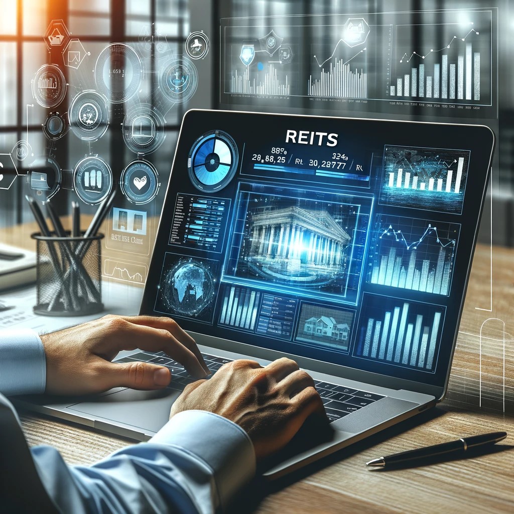 DALL·E 2024-05-29 16.20.05 - An image of a financial analyst working on a laptop with REITs data displayed on the screen. The screen shows various financial metrics, graphs, and i