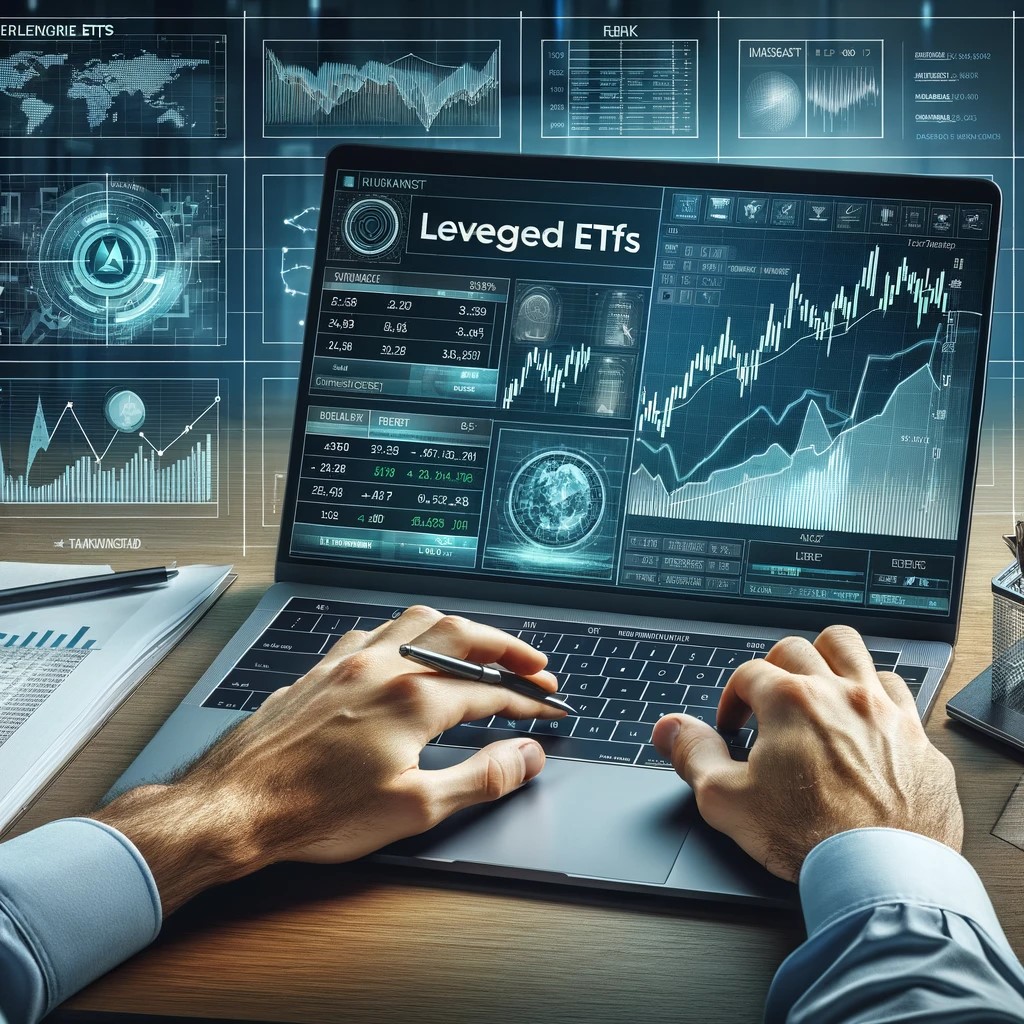 DALL·E 2024-05-29 15.44.04 - An image of a financial analyst working on a laptop with leveraged ETFs data displayed on the screen. The screen shows various financial metrics, grap