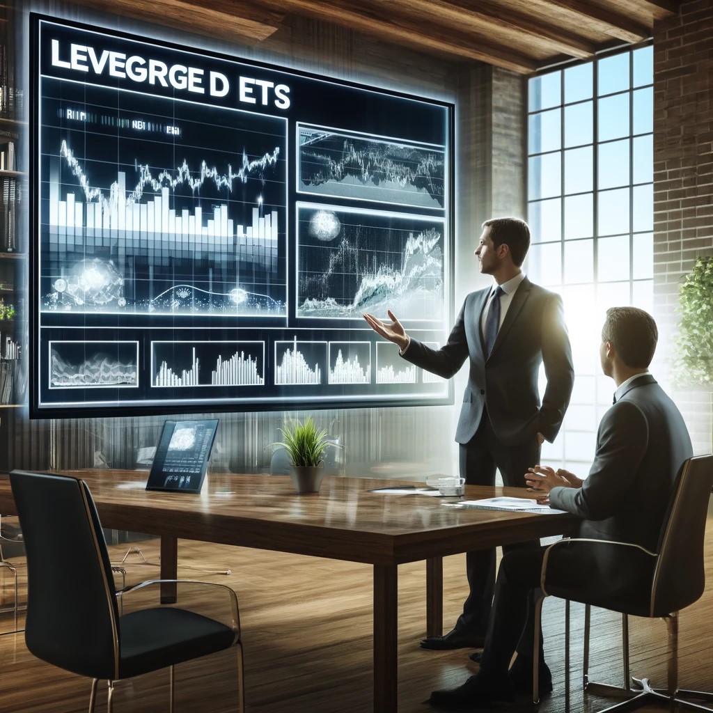 DALL·E 2024-05-29 15.44.03 - An image showing a financial advisor explaining leveraged ETFs to a client in a modern office setting. The screen in the background displays graphs an