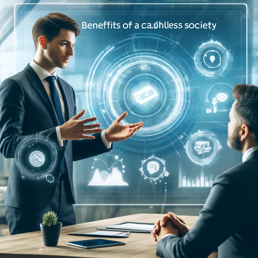 DALL·E 2024-05-29 16.27.17 - An image of a financial advisor in a modern office explaining the benefits of a cashless society to a client. The screen in the background displays ch