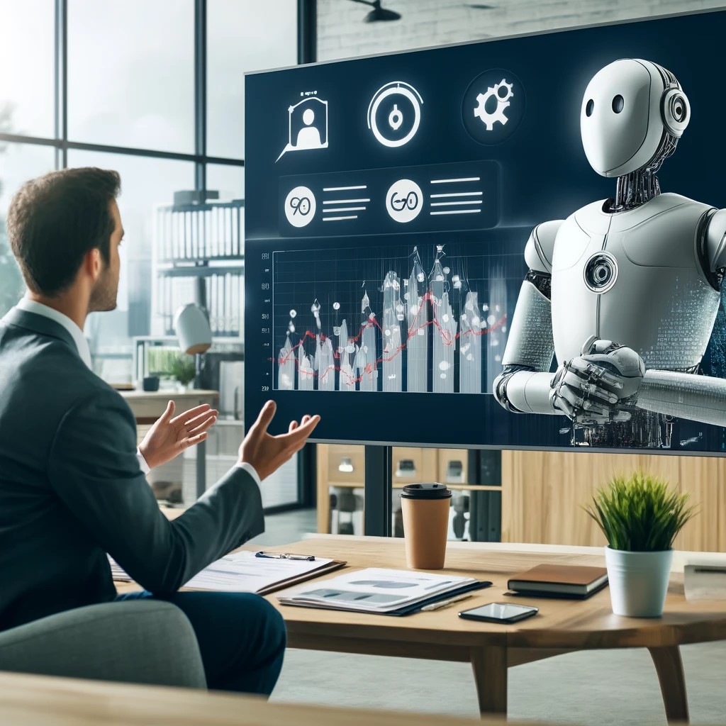 DALL·E 2024-05-29 16.23.50 - An image showing a financial advisor explaining the benefits of robo-advisors to a client in a modern office setting. The screen in the background dis