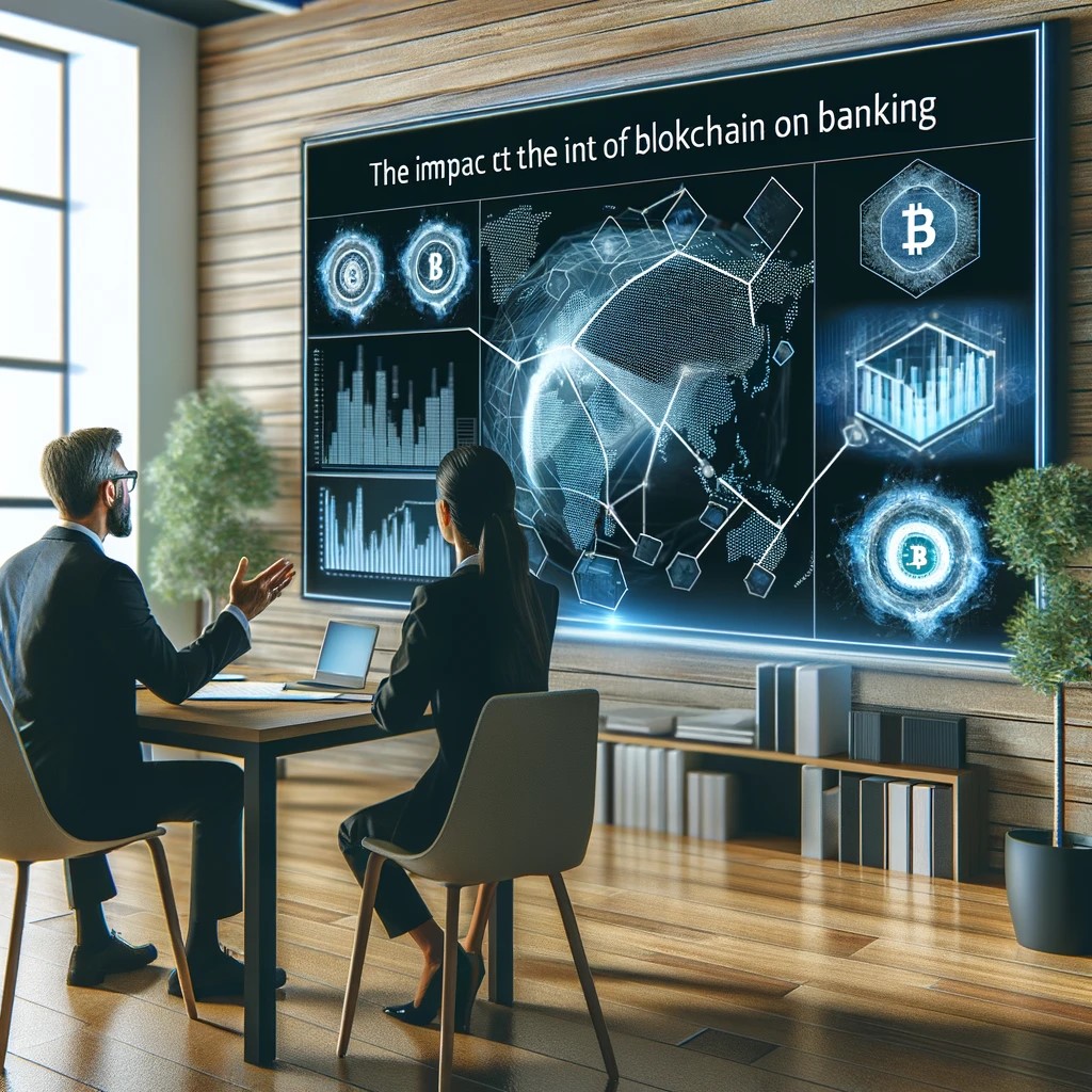 DALL·E 2024-05-29 16.34.29 - An image showing a financial advisor explaining the impact of blockchain on banking to a client in a modern office setting. The screen in the backgrou