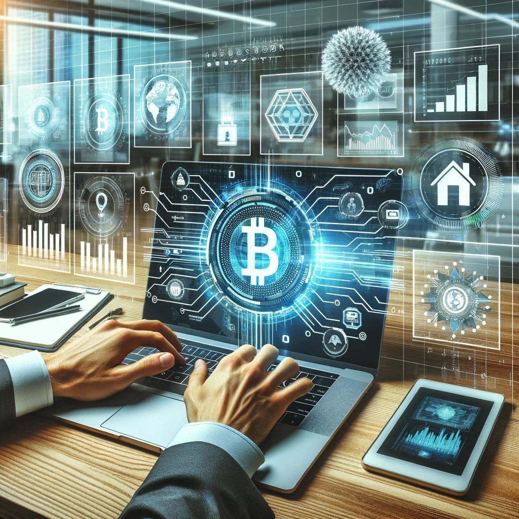 DALL·E 2024-05-29 16.34.31 - An image of a financial analyst working on a laptop with blockchain technology data displayed on the screen. The screen shows various financial metric