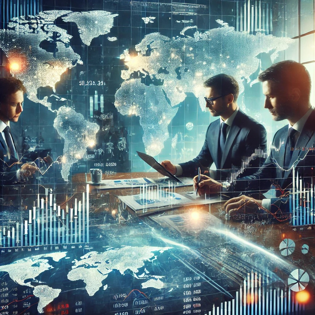 DALL·E 2024-06-28 15.45.37 - An image of financial analysts discussing investment strategies with a world map and international stock market data in the background