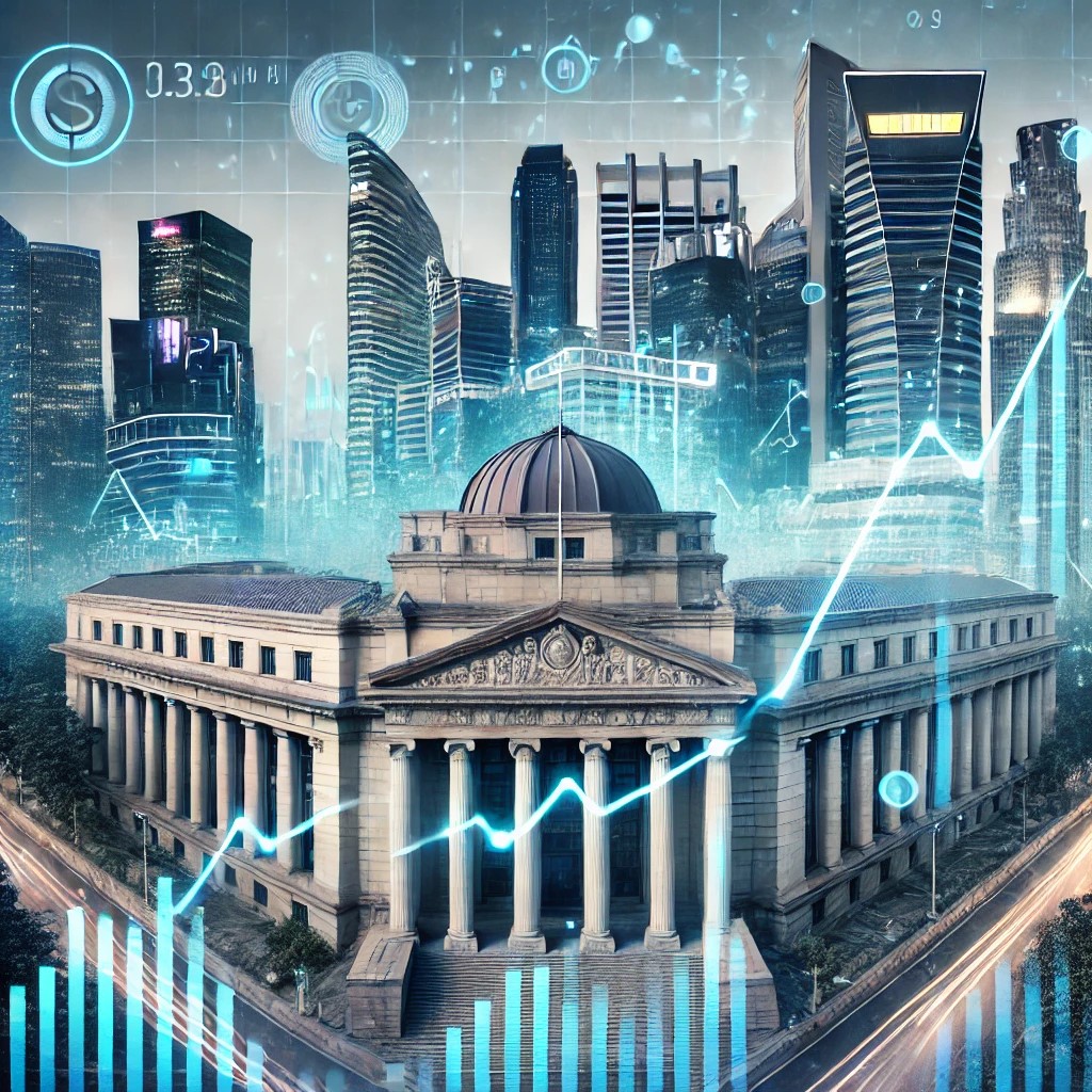 DALL·E 2024-06-28 15.32.50 - An image showing a central bank building with a financial graph overlay, indicating economic stabilization efforts