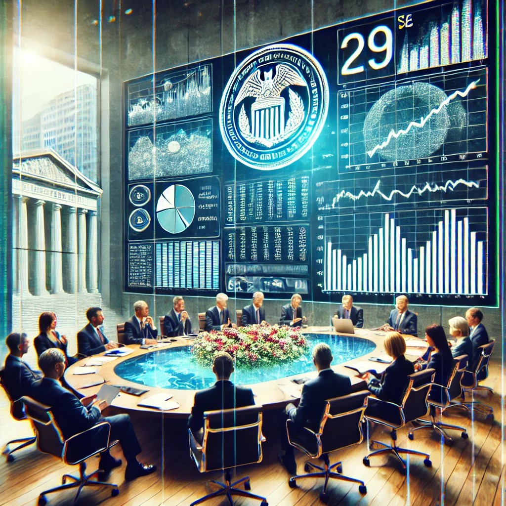 DALL·E 2024-06-28 15.32.51 - An image of central bank officials in a meeting, discussing economic policies with charts and graphs displayed on a large screen