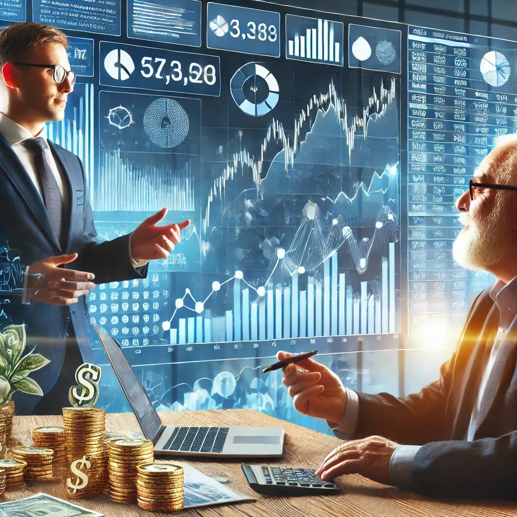 DALL·E 2024-06-28 15.42.28 - An image depicting a financial advisor discussing investment strategies with a high net worth individual, with charts and graphs on a large screen in 