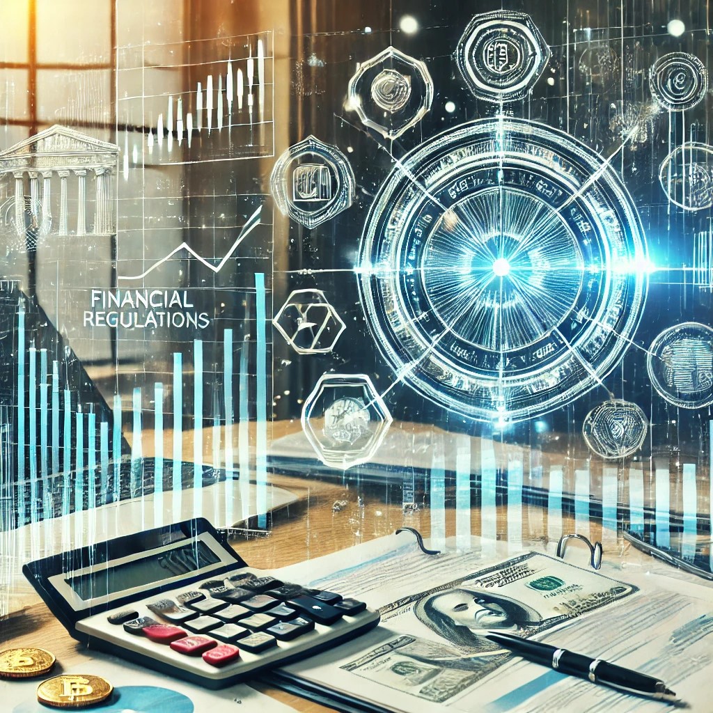 DALL·E 2024-06-28 15.37.26 - An image showing a financial regulator's office with documents, charts, and graphs depicting financial regulations and market data