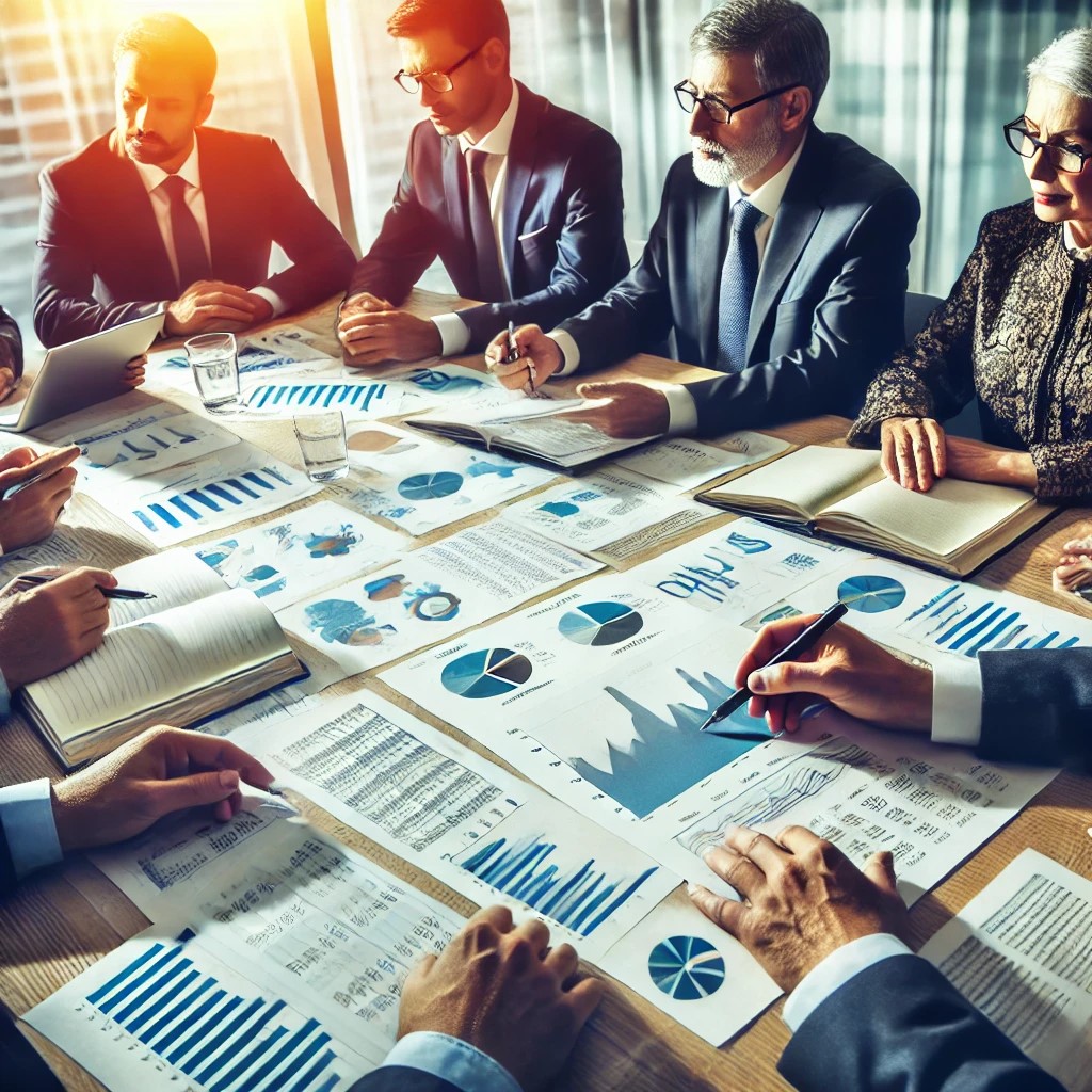 DALL·E 2024-06-28 15.37.27 - An image of financial analysts in a meeting room discussing the impact of financial regulations, with charts and documents on the table