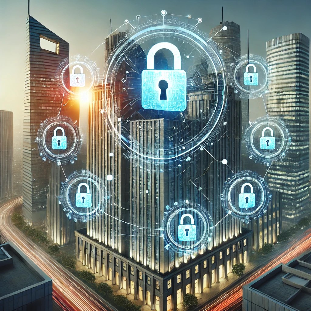 DALL·E 2024-06-28 15.48.53 - An image of a financial institution building with digital locks and shields around it, symbolizing cybersecurity measures in financial planning