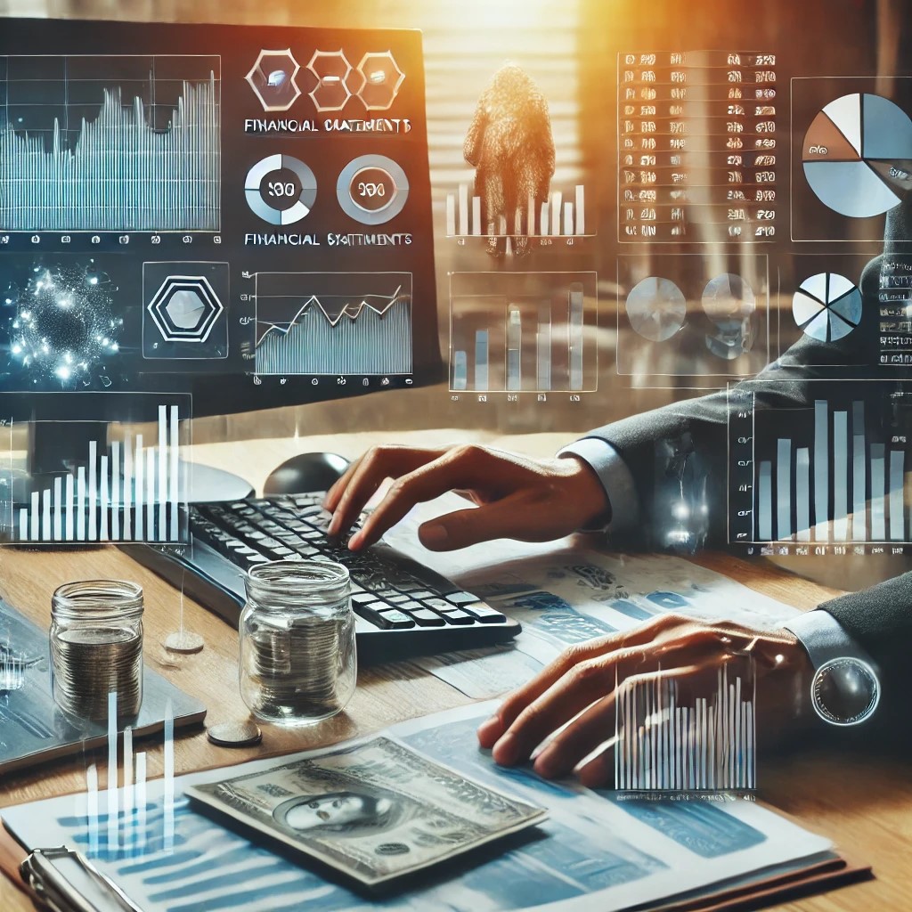 DALL·E 2024-07-30 16.36.04 - A financial analyst working with financial statements and data on a computer screen. The setting includes graphs, charts, and financial documents, sym