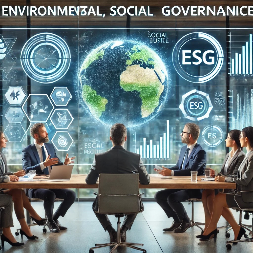 DALL·E 2024-07-30 16.39.22 - A group of financial analysts discussing ESG (Environmental, Social, Governance) criteria in a modern office. The setting includes digital screens dis