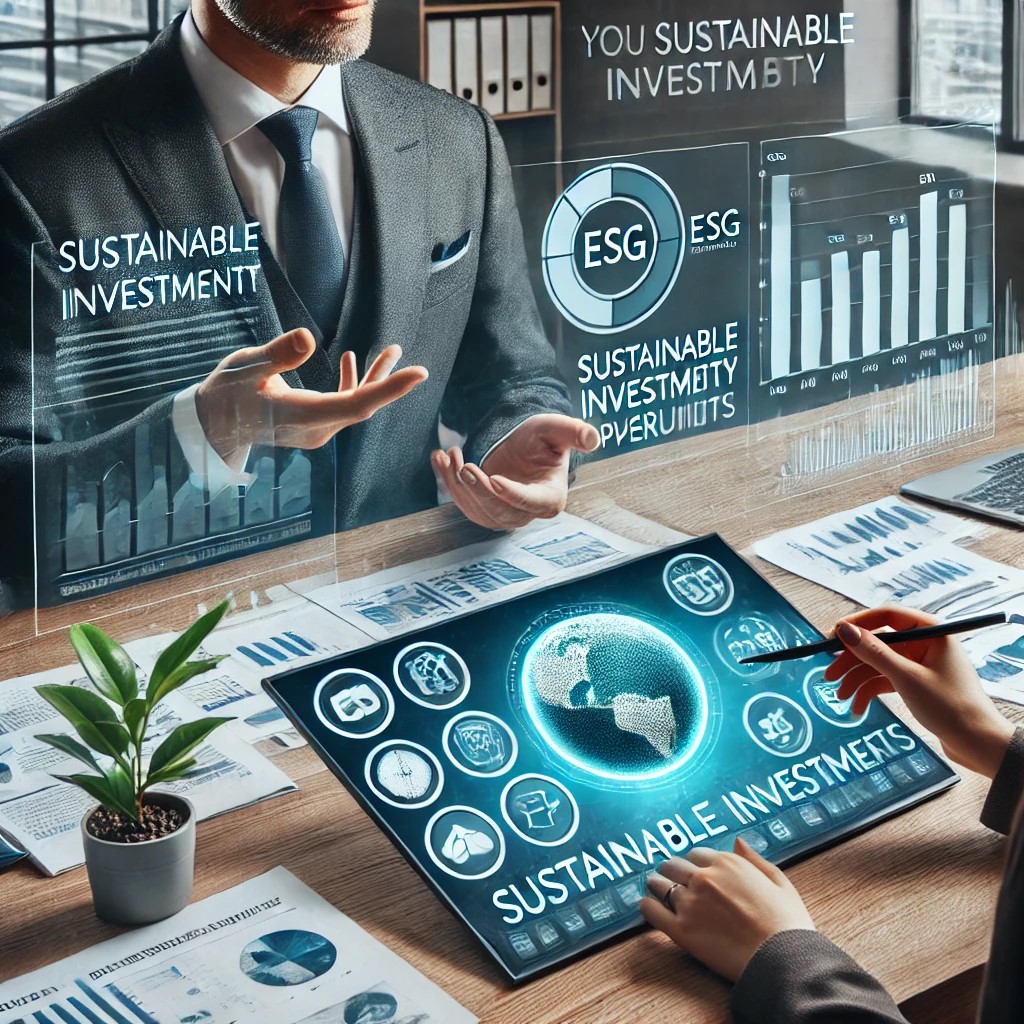 DALL·E 2024-07-30 16.39.24 - A financial advisor explaining sustainable investment opportunities to a client in an office. The setting includes documents, charts, and digital scre