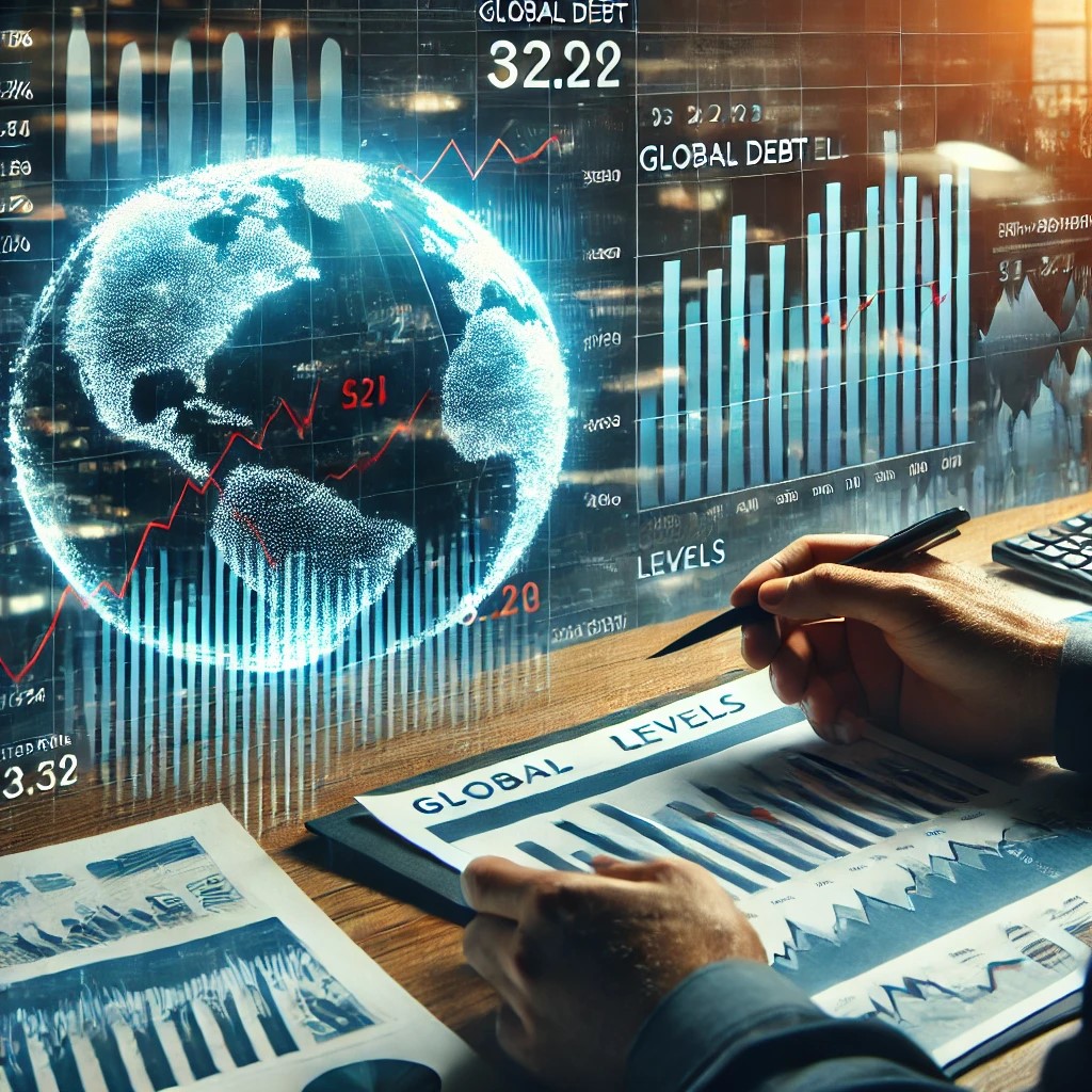 DALL·E 2024-07-30 16.43.03 - A financial analyst reviewing charts and graphs depicting global debt levels and market volatility. The setting includes a computer screen with data v