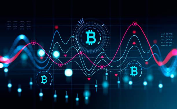 Cryptocurrency market, financial data and candlesticks, internet banking Cryptocurrency hologram with data and graphs, bitcoin icon. Candlesticks and numbers with rising and falling dynamics. Concept of internet banking. 3D rendering cryptocurrencies stock pictures, royalty-free photos & images